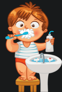 cartoon child brushes teeth over a sink