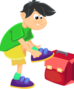 cartoon child puts shoe on in front of a red backpack