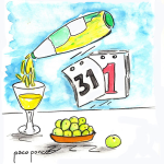 a cartoon image of a champagne bottle pouring into a glass with a calendar depicting dates December 31st and January 1st