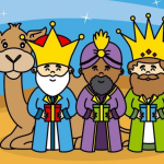 three cartoon men in front of a camel holding gifts