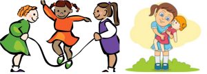 cartoon girls jumping rope, cartoon girl holding doll