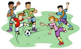 group of children playing soccer