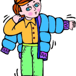 cartoon person puts on jacket