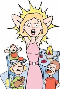 a cartoon woman holds arms up behind her head as children cry in the background