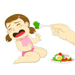 a cartoon child refuses to eat vegetables