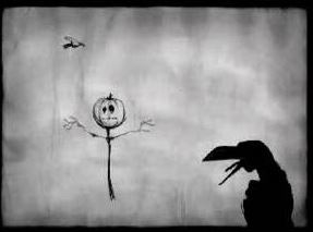 a cartoon scarecrow in the background, a large crow silhouette in the foreground