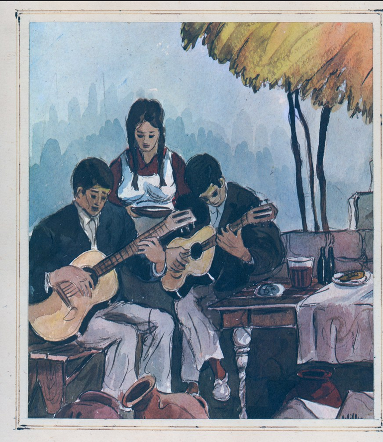 Painting by a Peruvian artist depicting three local musicians.