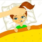 cartoon girl sick in bed with parent hand on head and thermometer in mouth