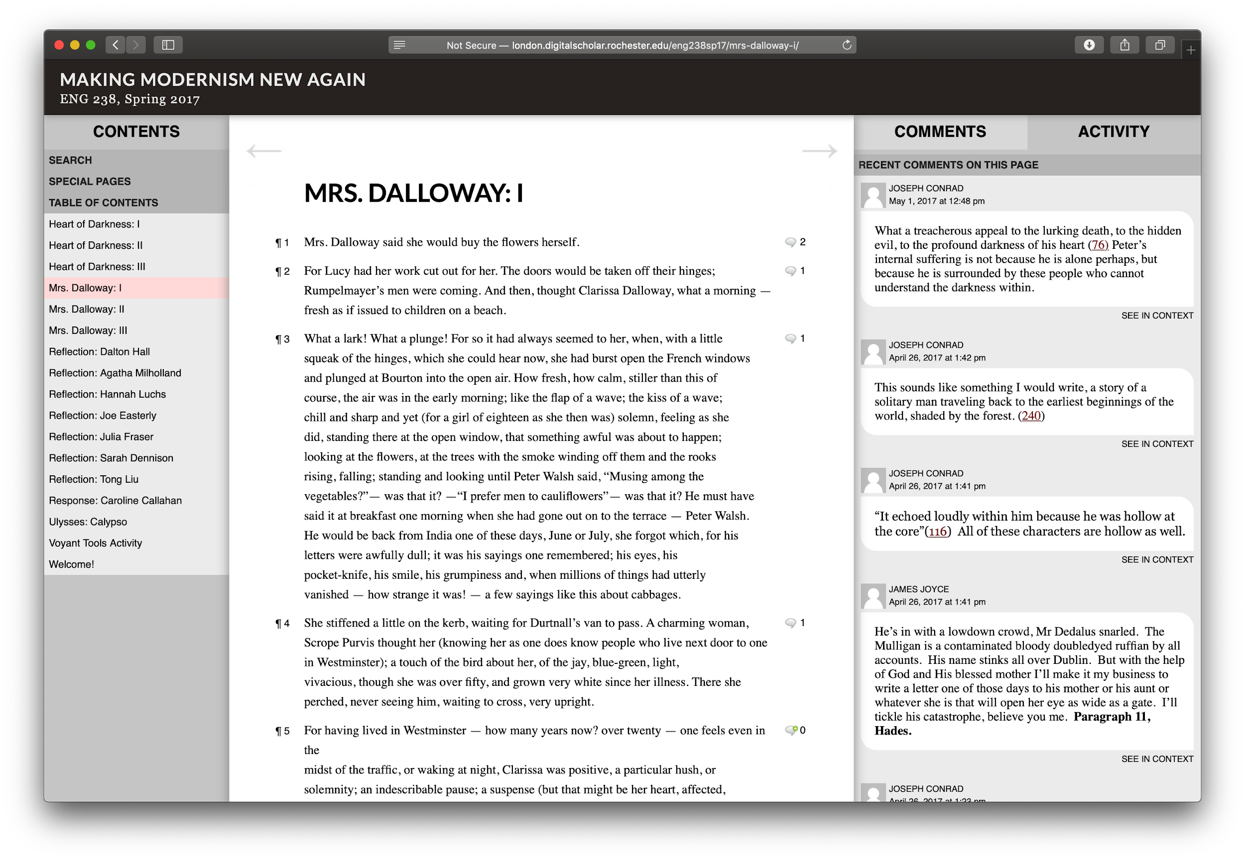 Contents menu on left, Mrs. Dalloway text in middle, comments thread on right