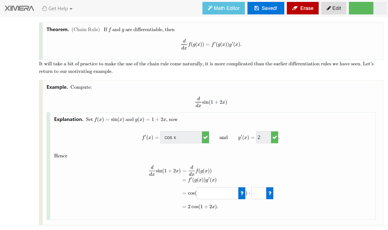 XIMERA screenshot with theorem and worked example with fill in the blank question