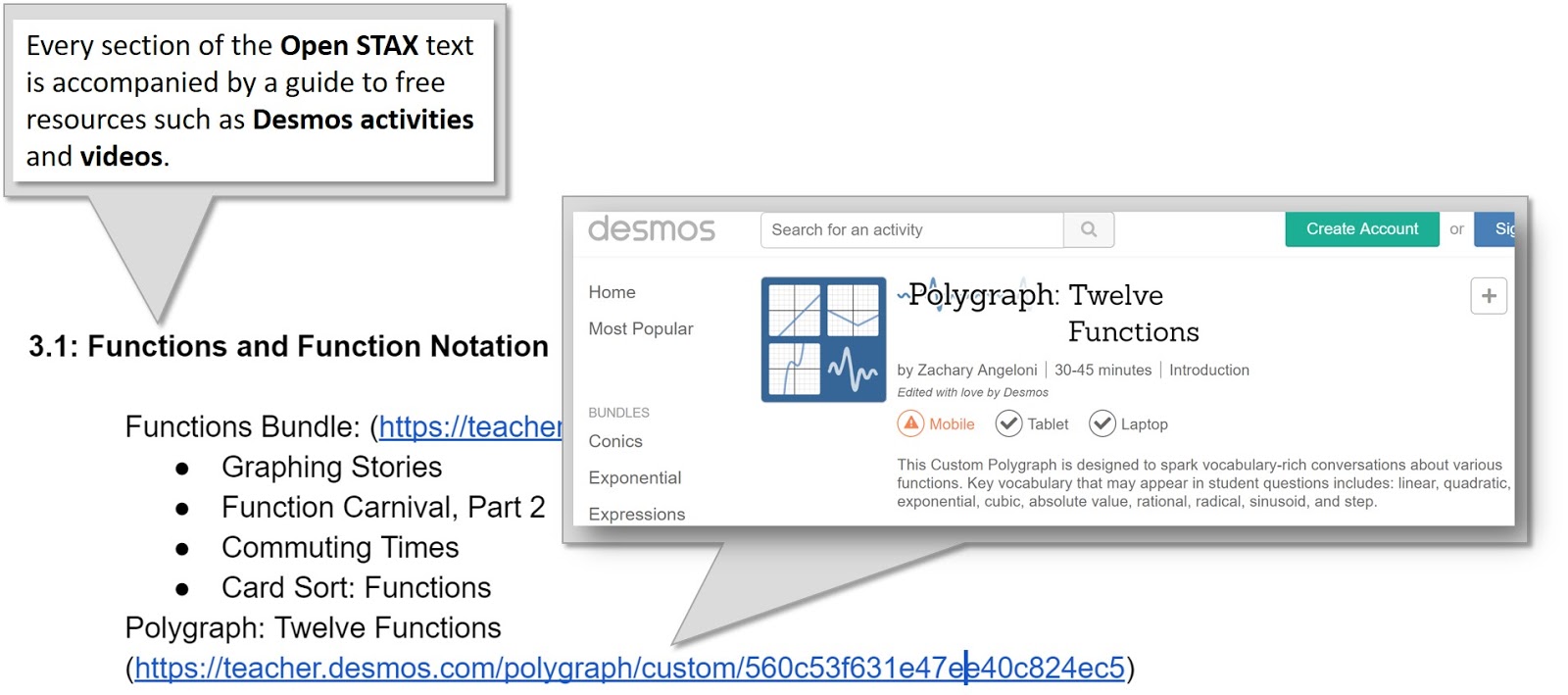 Screenshot with expanded link to Desmos Polygraph Twelve Functions activity