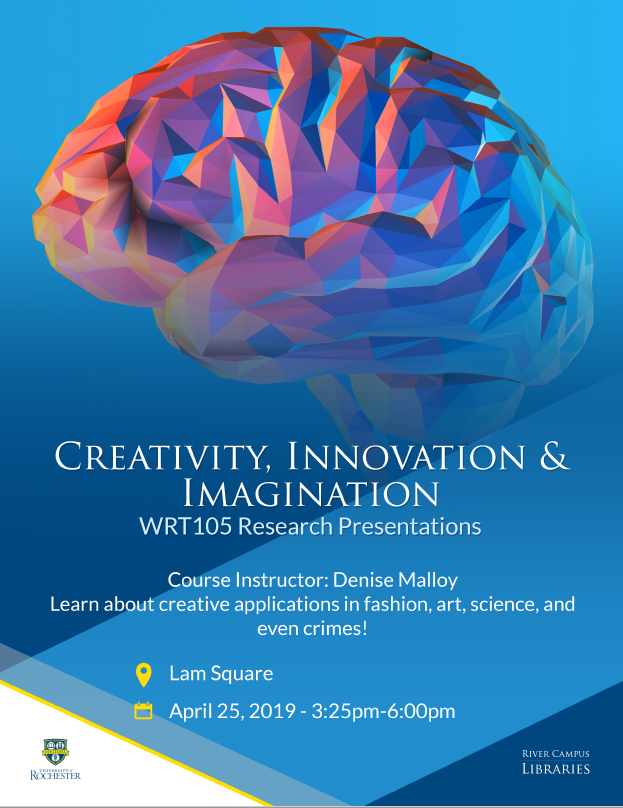 Artistic rendering of brain above text: Creativity, Innovation & Imagination. WRT105 Research Presentations