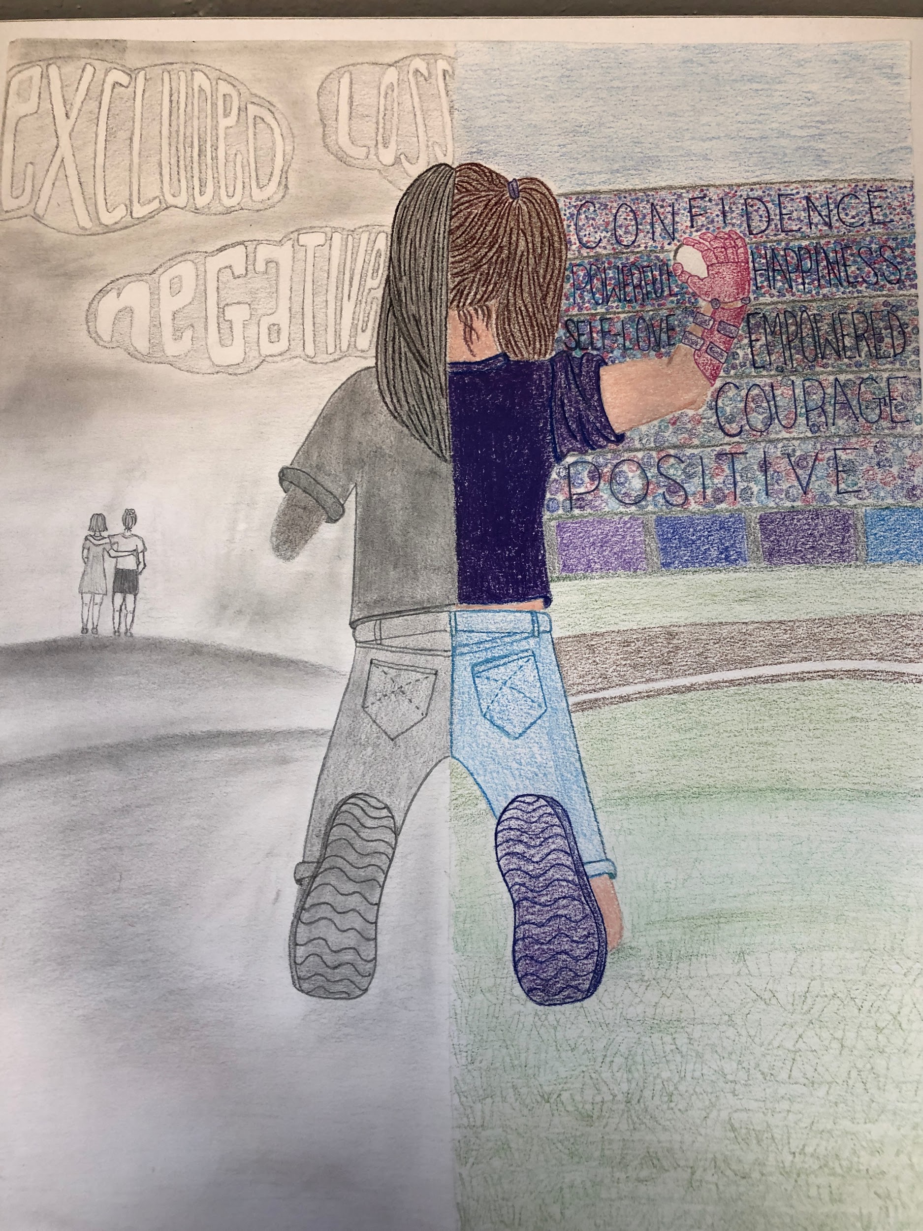 drawing of girl from back, kneeling, missing both arms at the elbows. Left, in gray, shows without prosthetic; right, in full color, shows with prosthetic