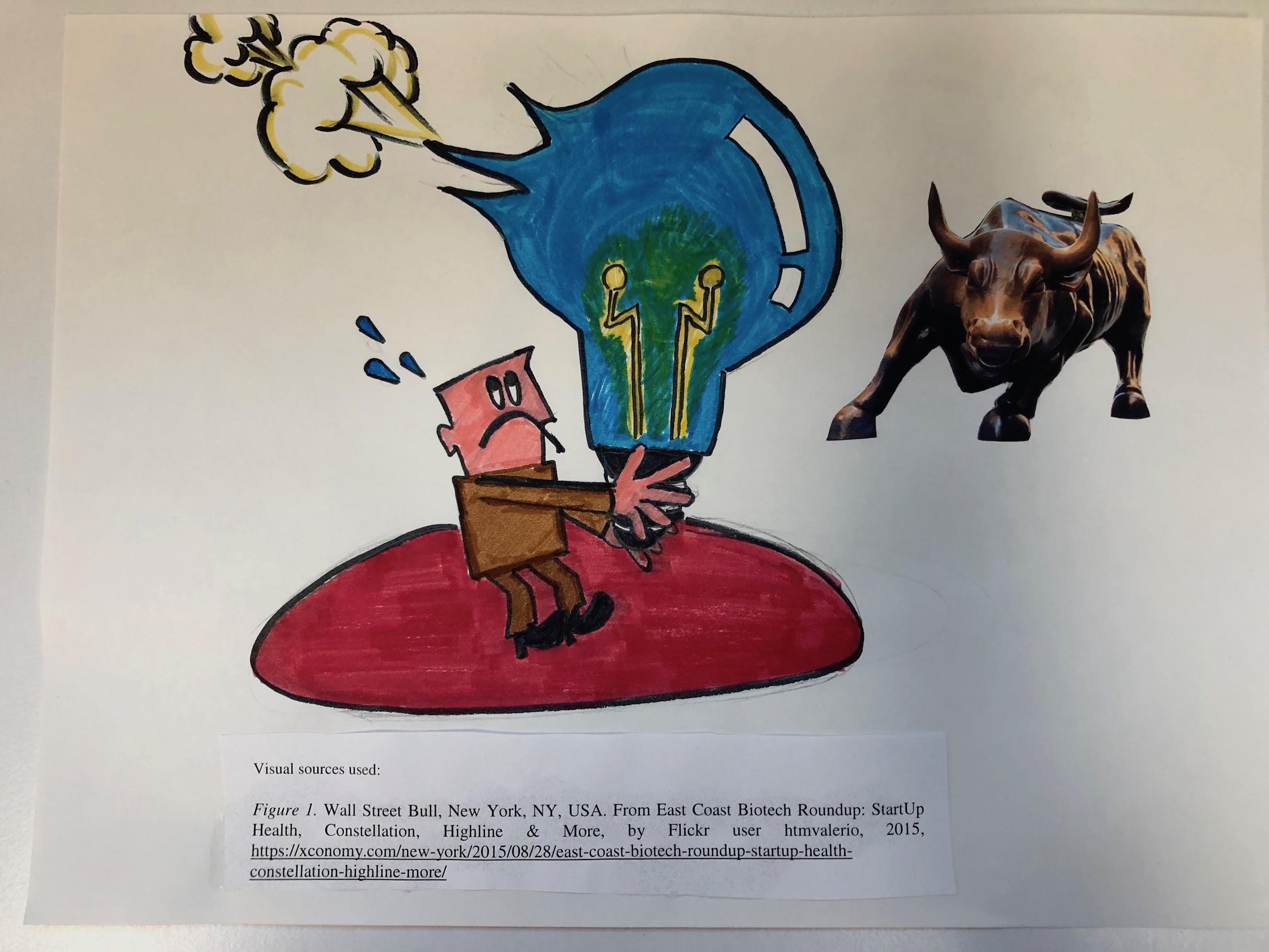 illustration of man holding giant lightbulb collapsing like a balloon, with Wall Street bull statue nearby
