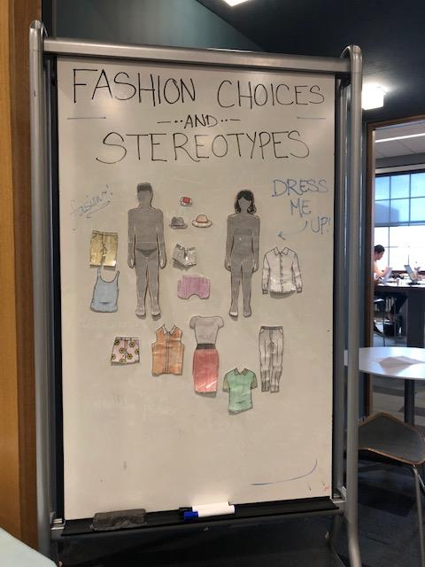 close up of whiteboard: fashion choices and stereotypes, with an invitation to add clothes to male and female figures