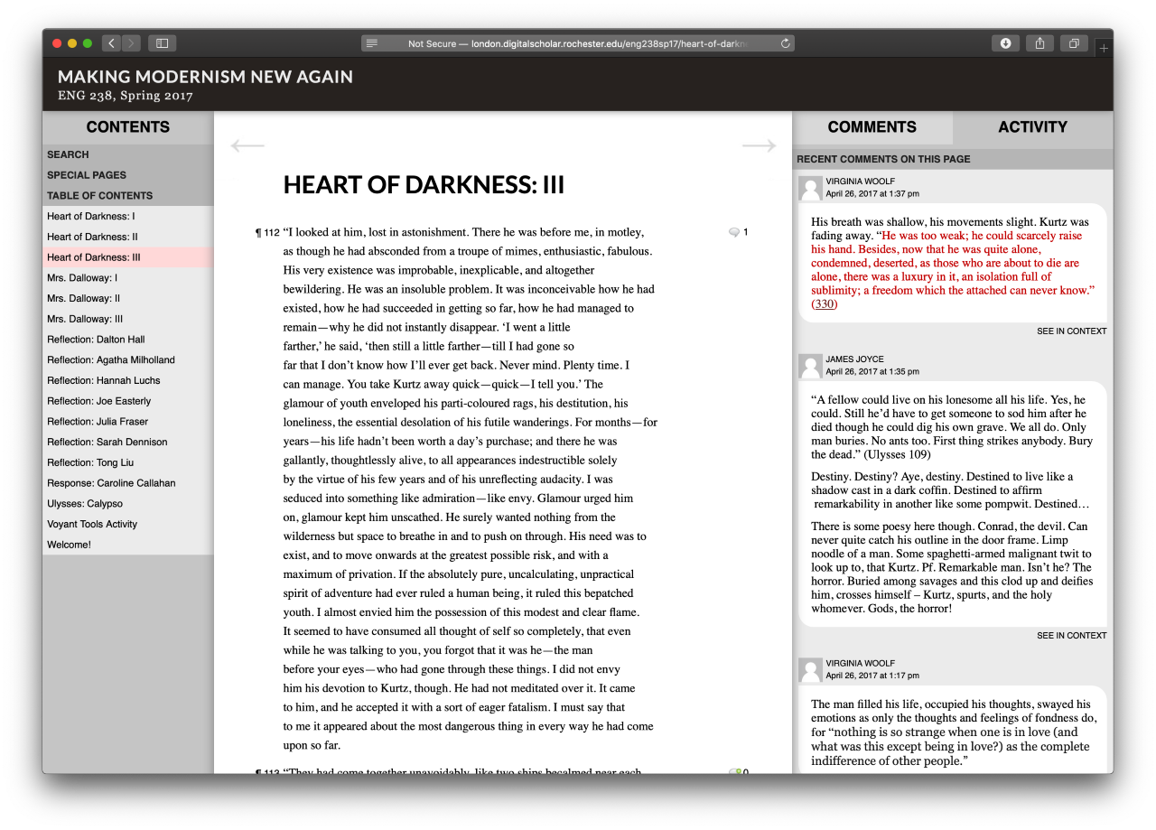 Contents menu on left, Heart of Darkness text in middle, comments thread on right