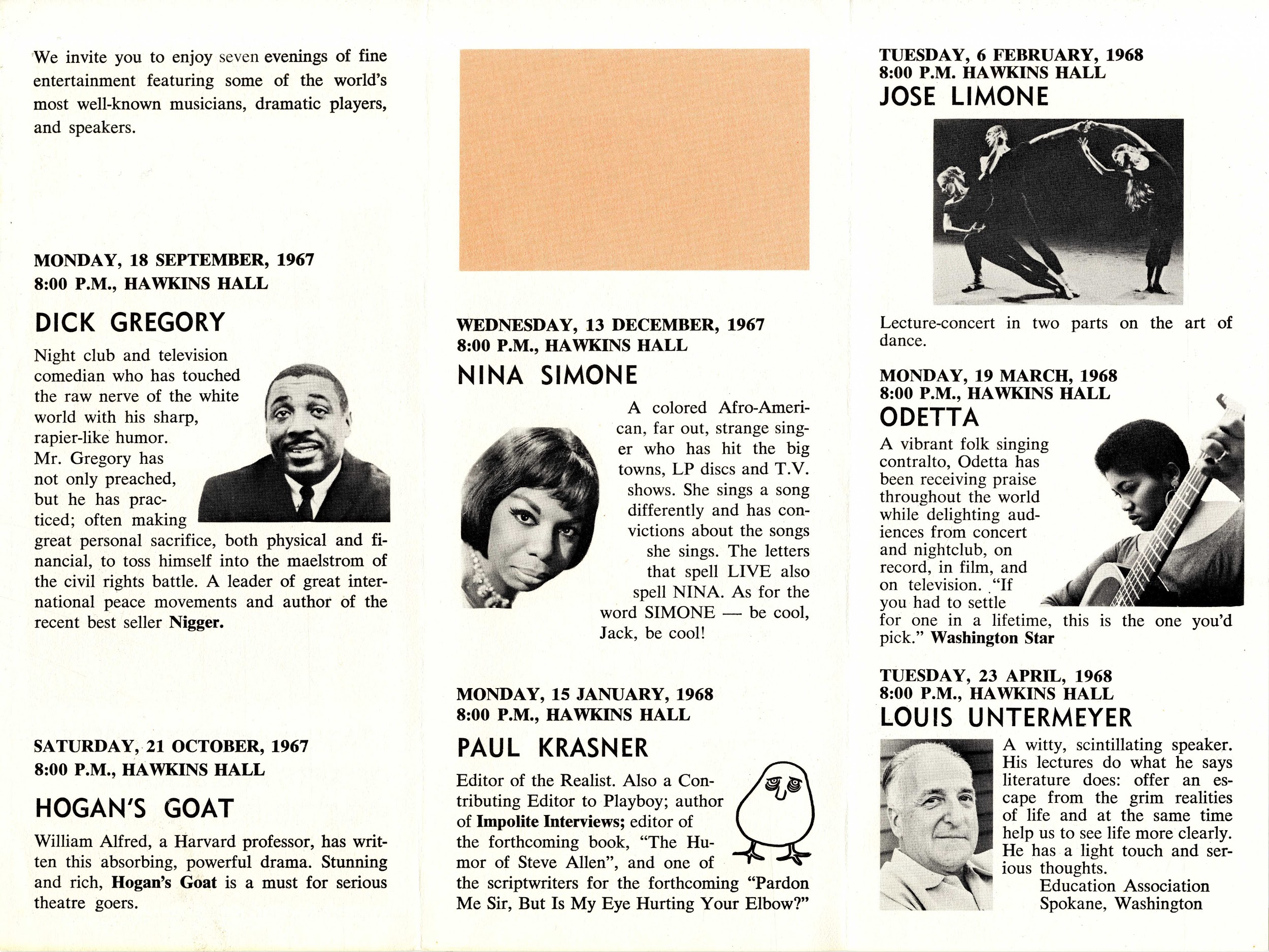 Trifold page featuring dates across 1967-8 of performers in the series, some with headshots. Central is Nina Simone