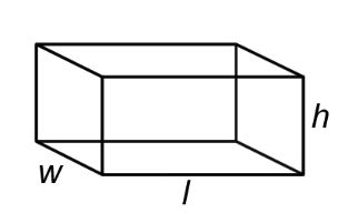 Solid form of a polyhedron that has three pairs of congruent, rectangular, parallel faces, with side length of l, width by w, and height of h.