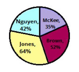 pie chart graphic depicting a poll taken asking people if they agree with the positions of 4 candidates for a county office, with mckee at 35 percent, brown at 52 percent, jones at 64 percent, nguyen at 42%