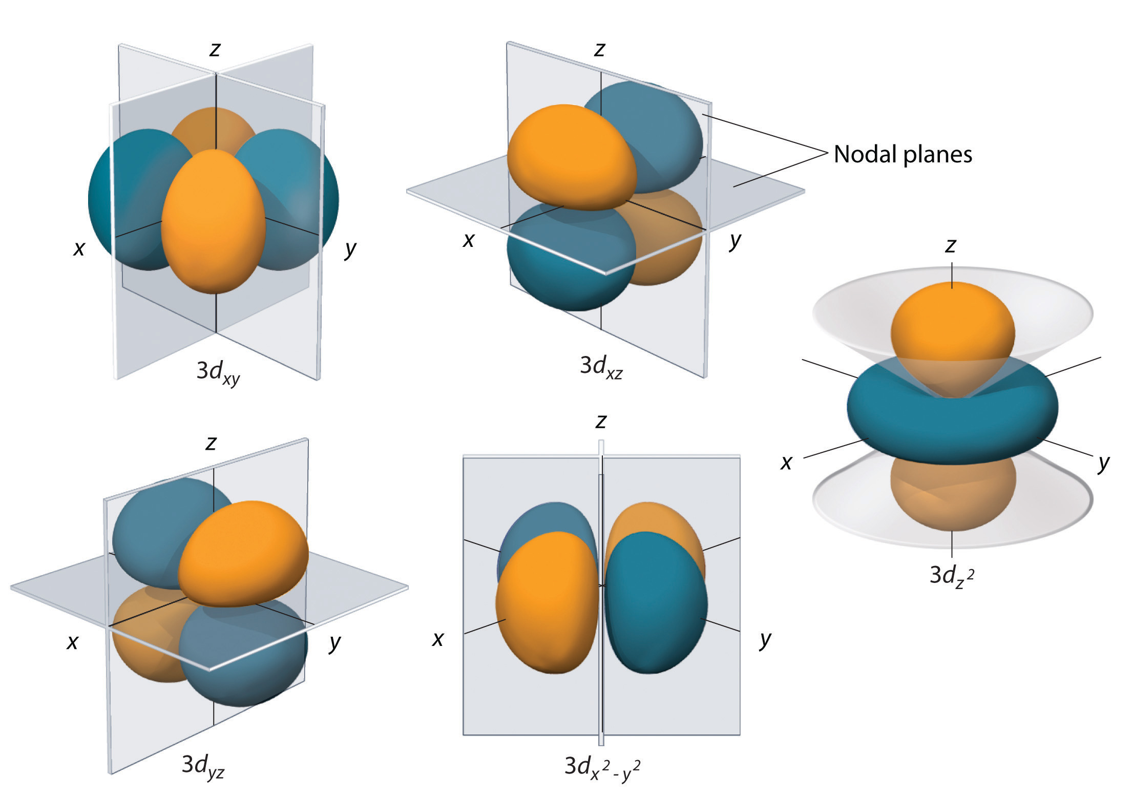 The 3d orbitals can be broken down into 3dxy, 3dxz, 3dy squared, 3dx squared minus y squared, 3dz squared.