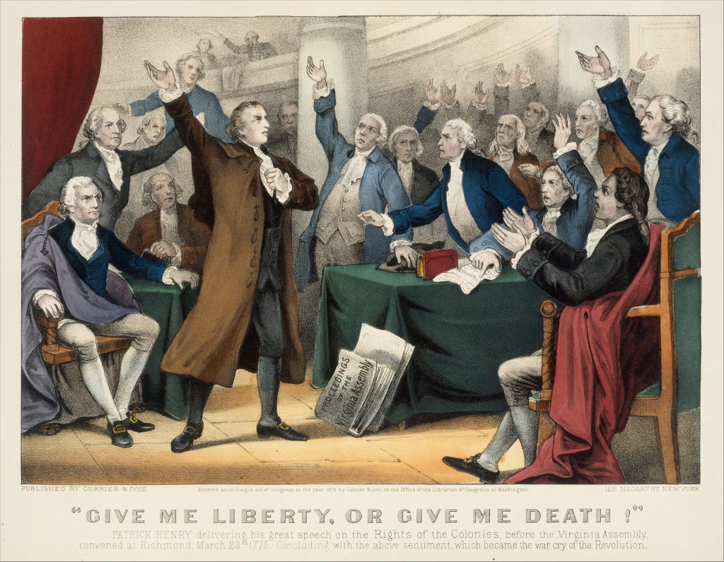 Patrick Henry delivering his great speech on the Rights of the Colonies, before the Virginia Assembly.