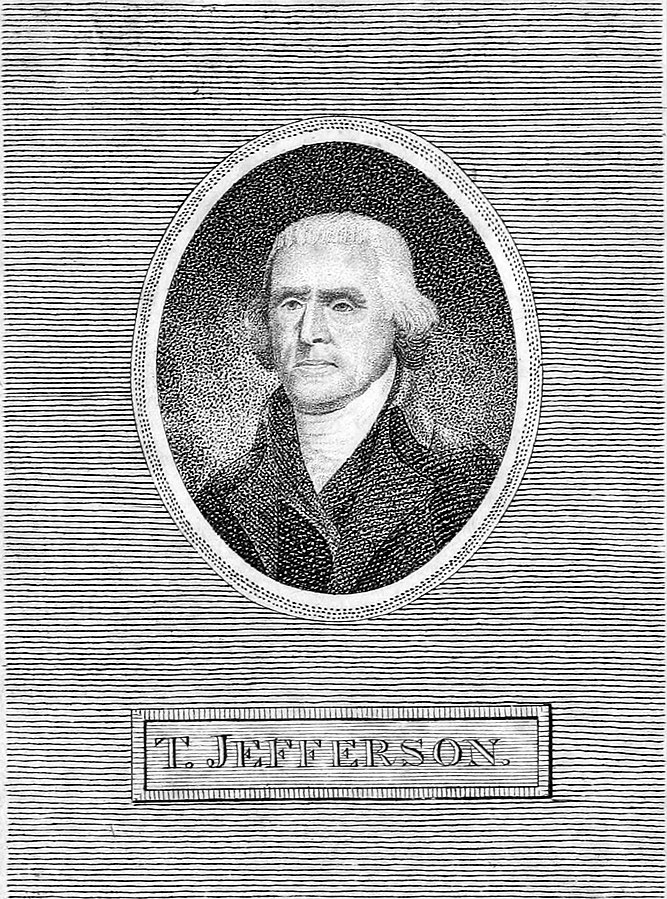 A reconstruction of the frontispiece (one of the pages before the main text of a book) of Thomas Jefferson with the caption "T. Jefferson" written inside of a box under the oval portrait.