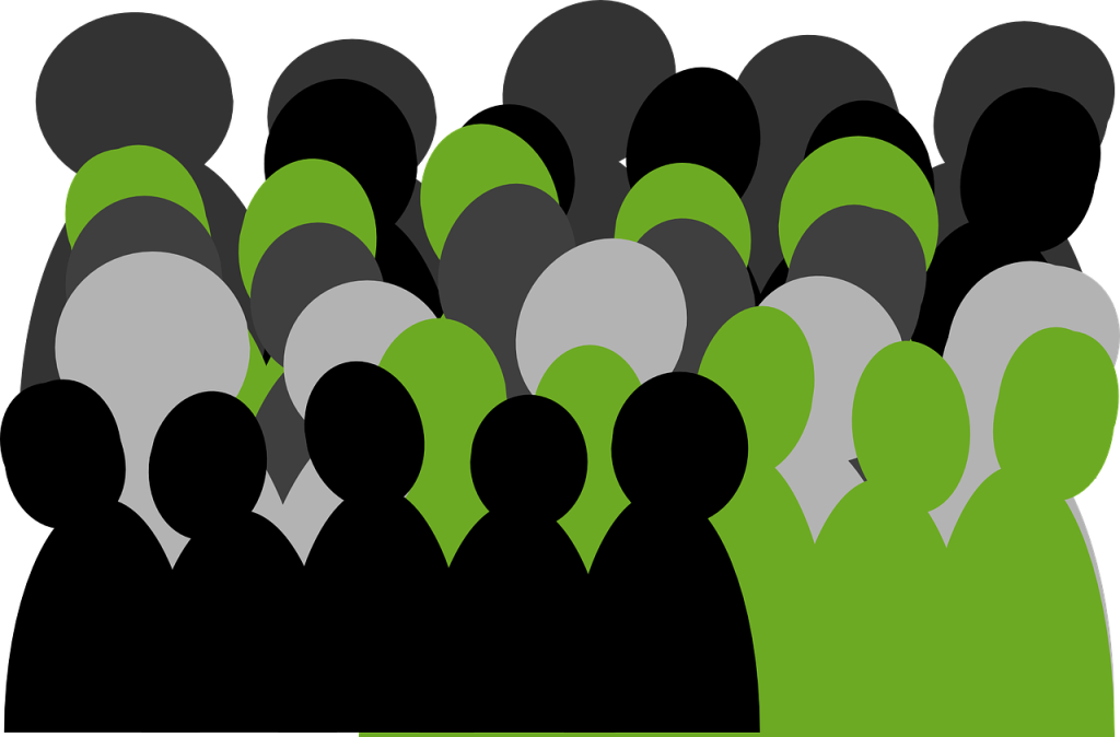 Clip art of silhouettes of a crowd.