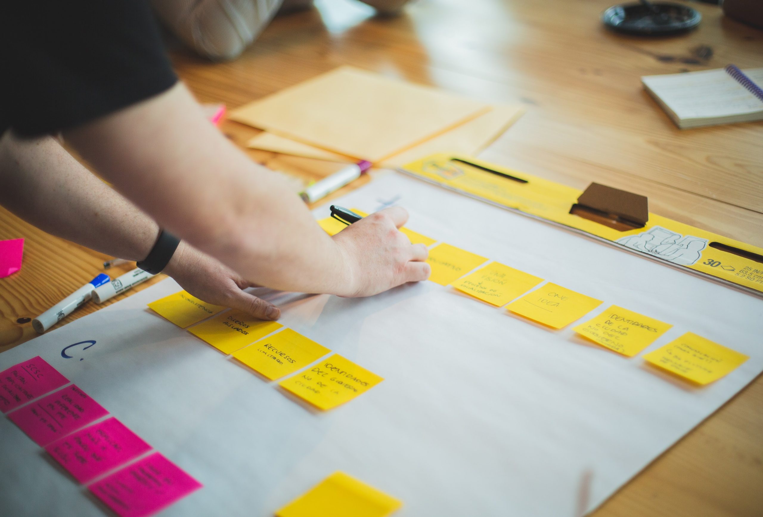 A person writing on one of several post it notes on a large sheet of paper.