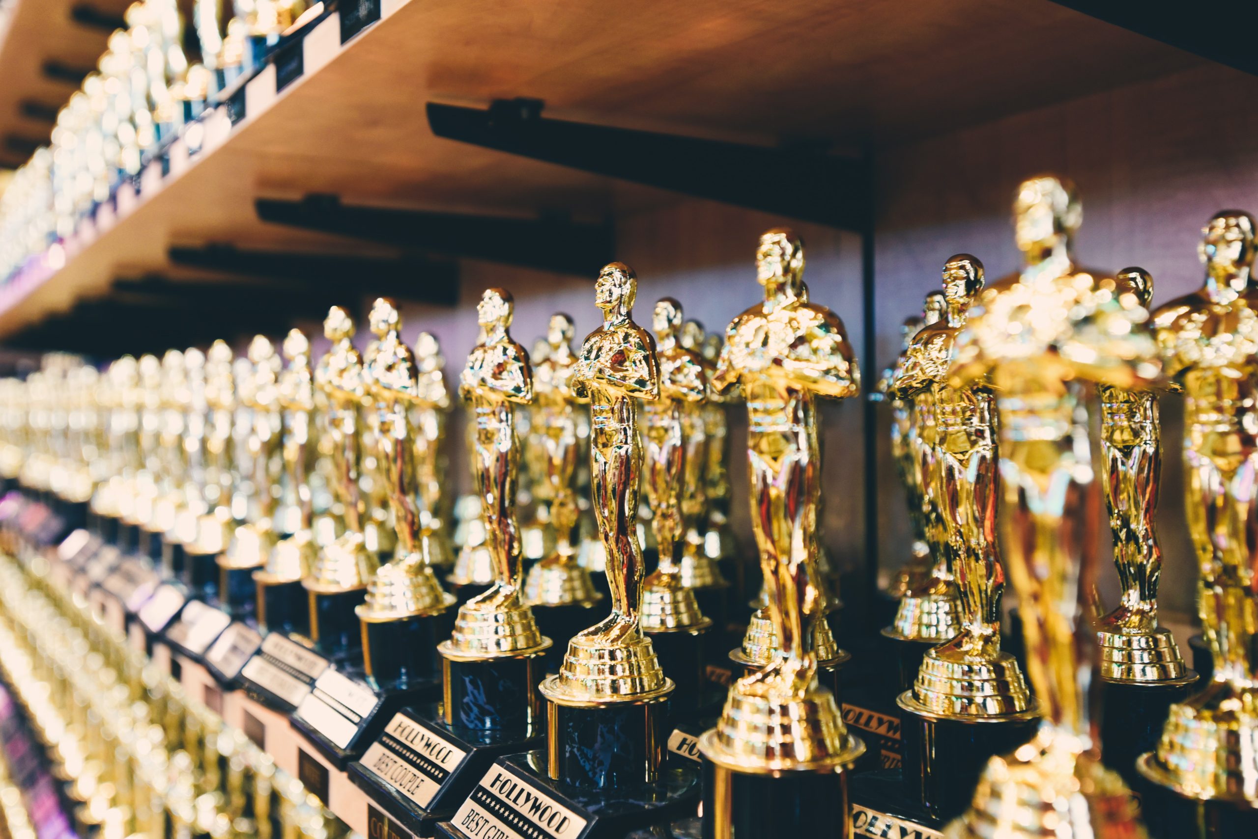 Gold trophies are arranged on the wall shelves.