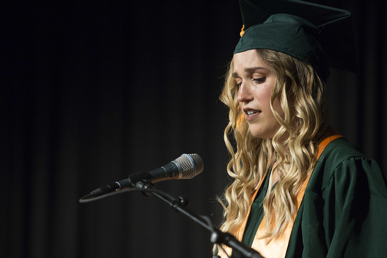 A girl speaking at College of DuPage Commencement 2018