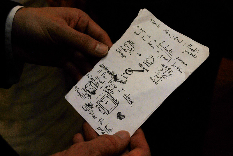 Handwritten speech notes that read: "Thank Mom & Dad & Mandi's parents; + Ross is a fantastic person and has been a great brother; moved to Chicago; Welcome; party friends; band; A few things I admire about Ross; Creativity & Craftsmanship; Photography & Artwork; Thoughtful; gives the best presents;" accompanied by several small drawings relating to the notes.