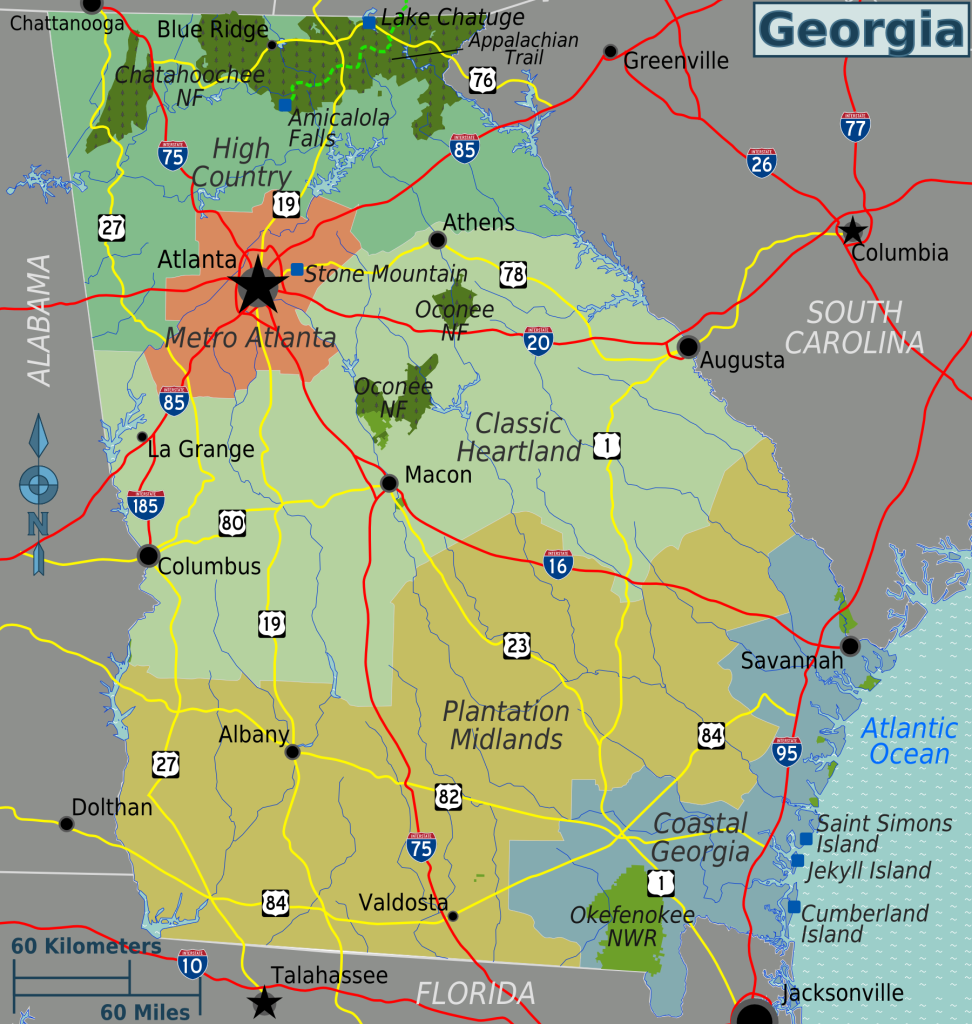 A map of the US state of Georgia, with the main highways, various biomes, and major cities all labelled.