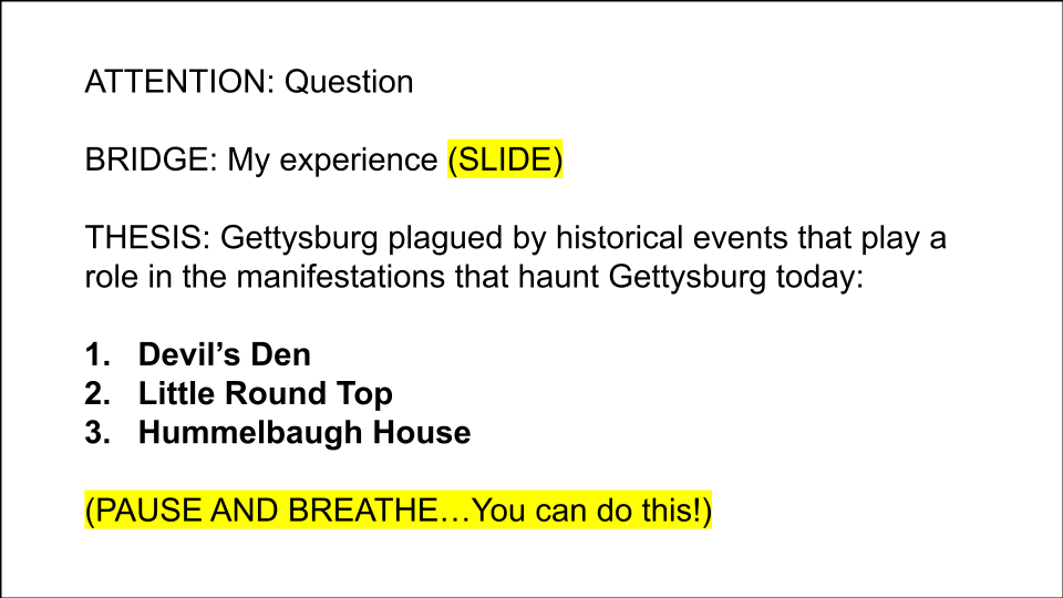 Example notecard reading: "ATTENTION: Question; BRIDGE: My experience (SLIDE); THESIS: Gettysburg plagued by historical events that play a role in the manifestations that haunt Gettysburg today:; 1. Devil's Den; 2. Little Round Top; 3. Hummelbaugh House; (PAUSE AND BREATHE... You can do this!)"