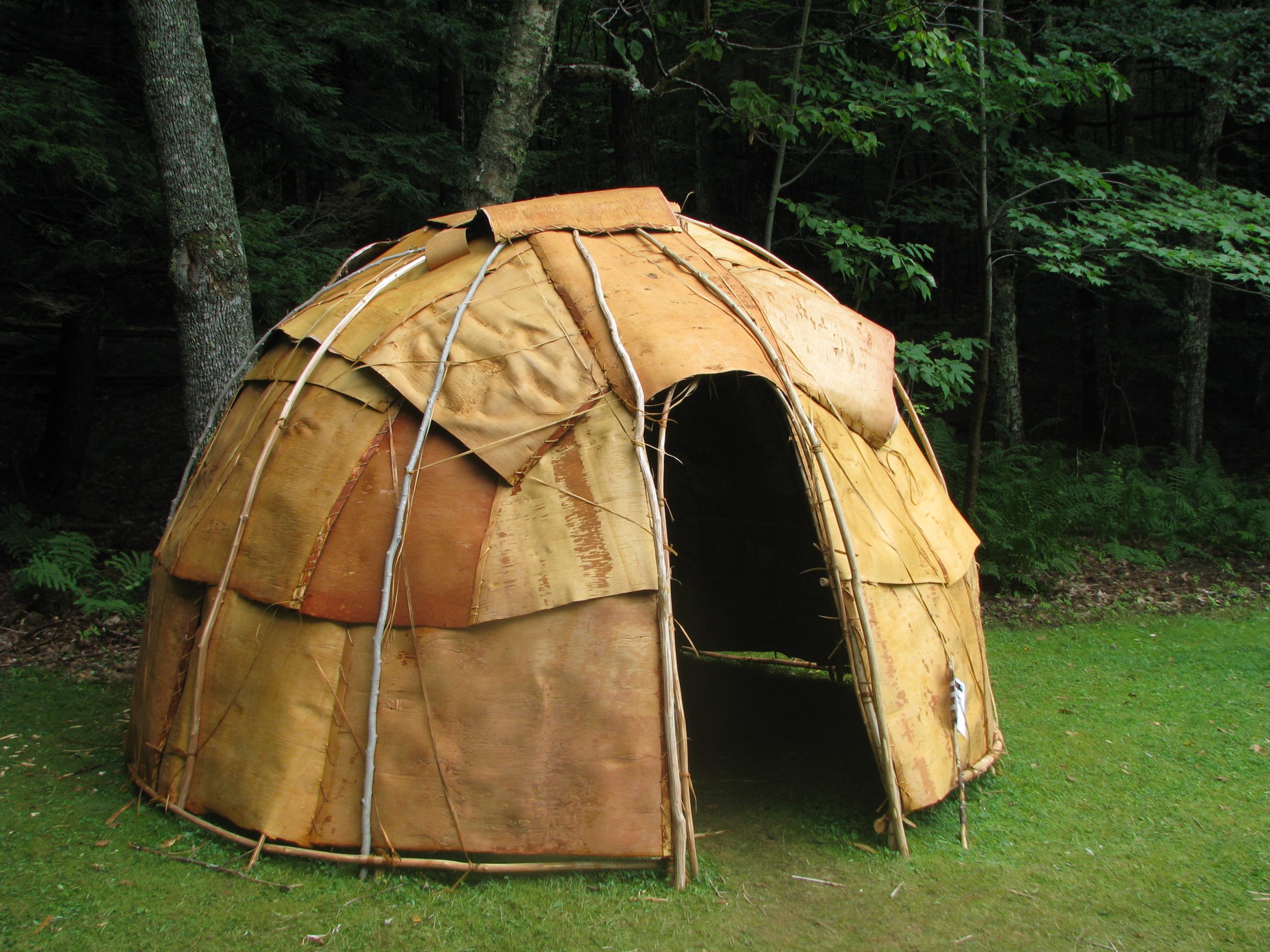 A wigwam, a domed Native American dwelling made out of curved tree branches and bark.