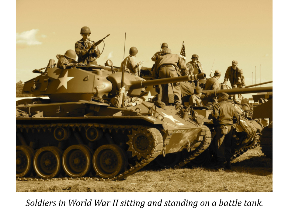 An example of slide with a image of some soldiers sitting and standing on the battle tanks, and a sentence with a black text below the image that says, "Soldiers in World War II sitting and standing on a battle tank."