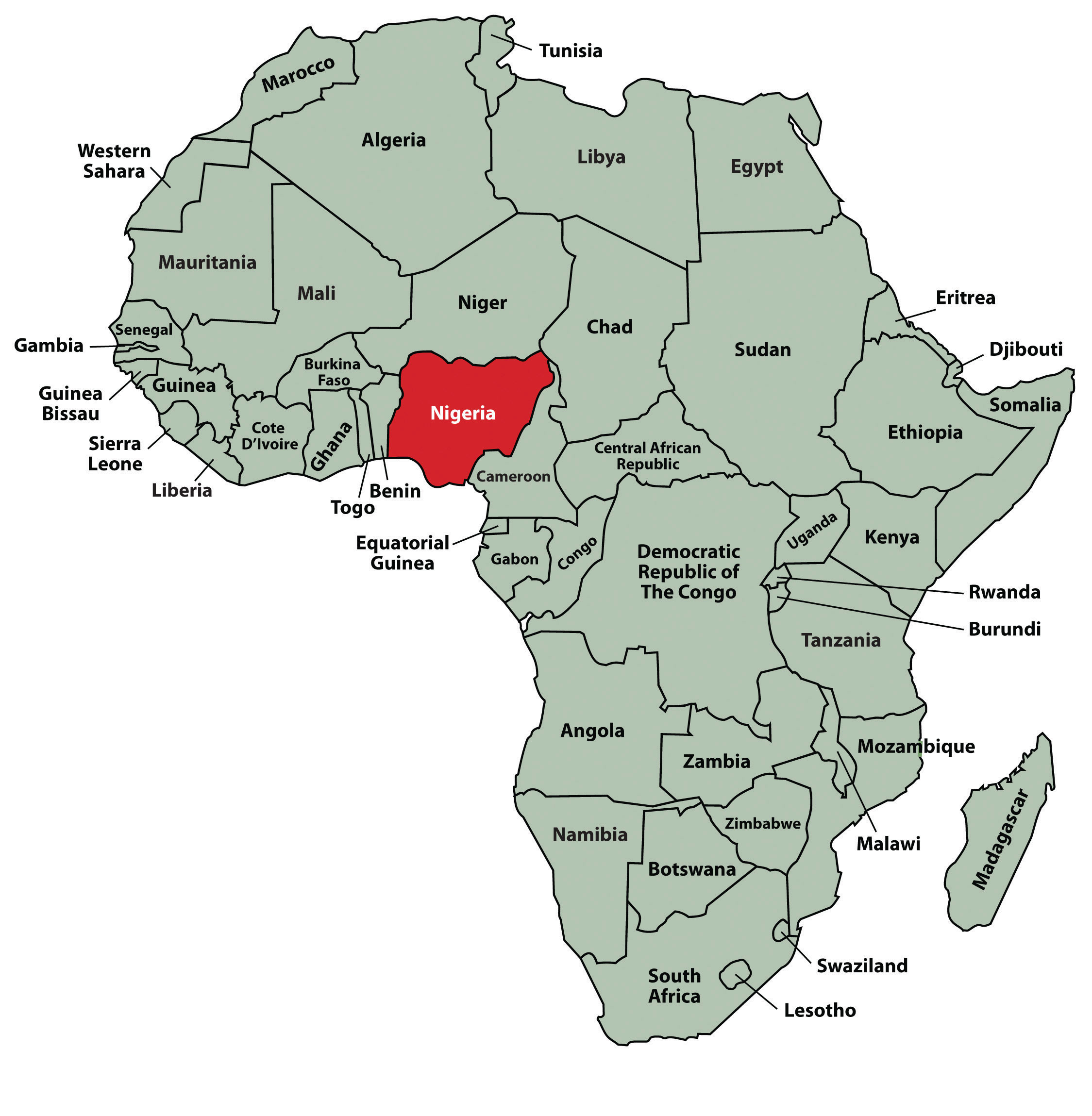 A labeled map of the African continent with Nigeria highlighted in red.