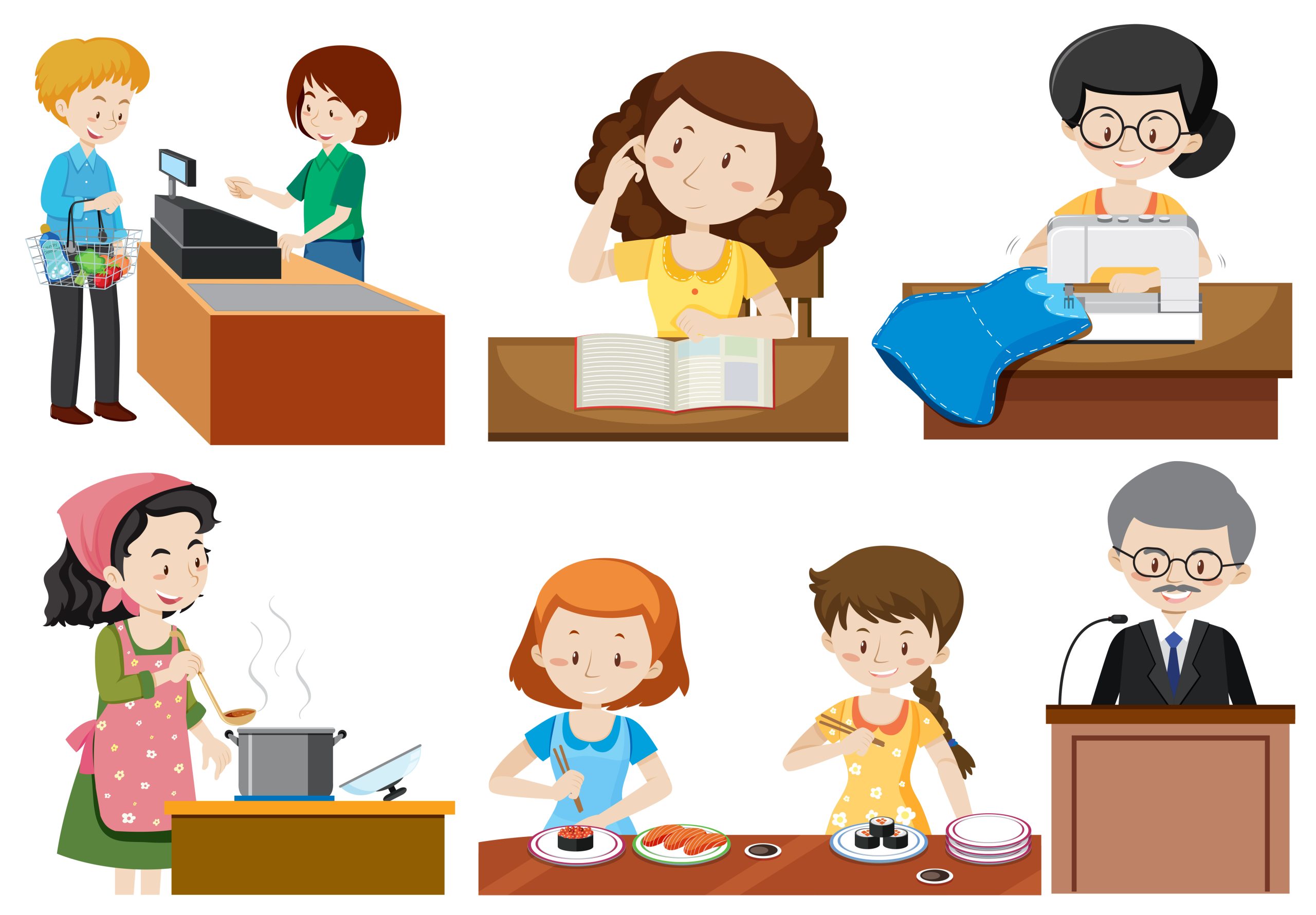 Clip art showing 6 different occupations, from top left to bottom right: grocery cashier, academic, seamstress, cook, server, politician.