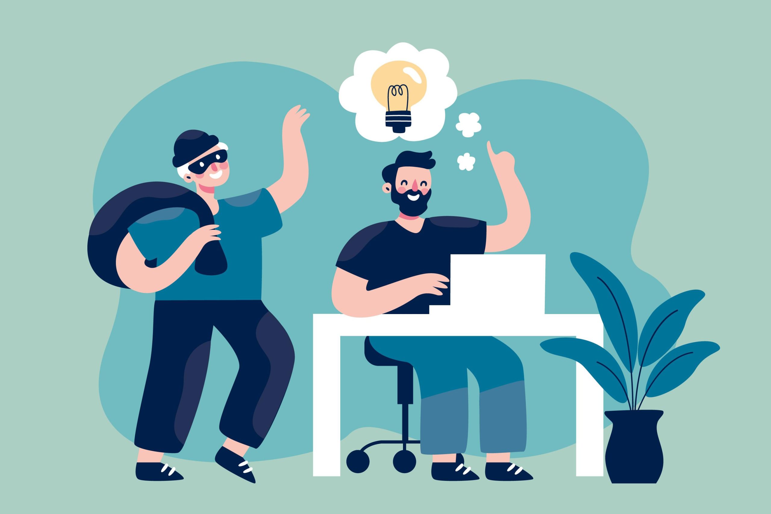 A plagiarism concept illustration showing a person stealing an idea.