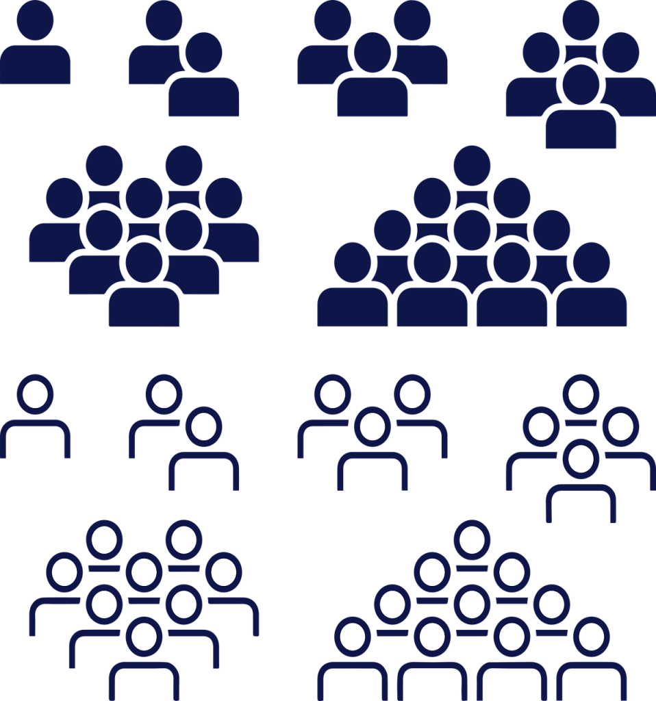 Clip art of several different sized groups of people, half solid-colored, half outlined.