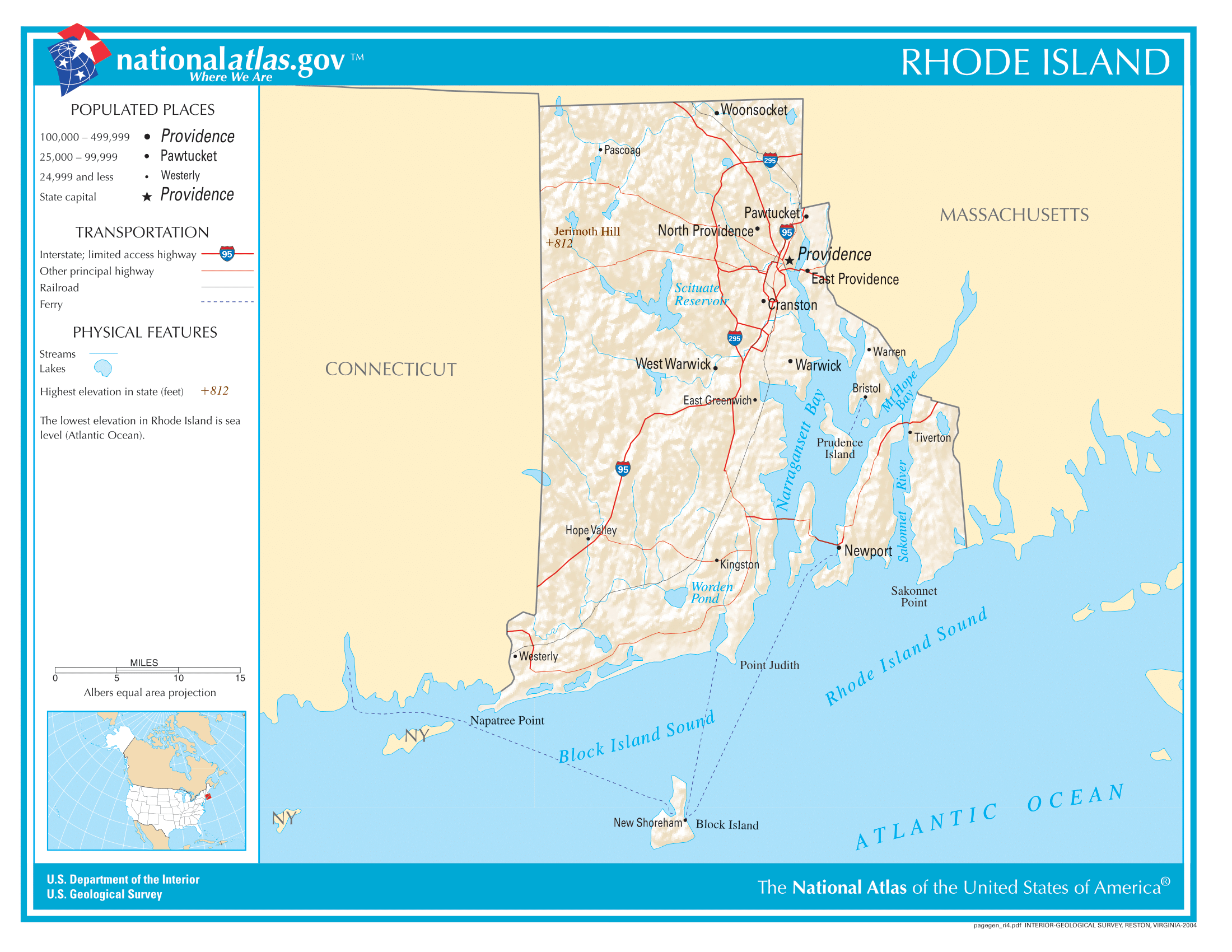A map of US state Rhode Island, with major cities, highways, and bodies of water all labeled.