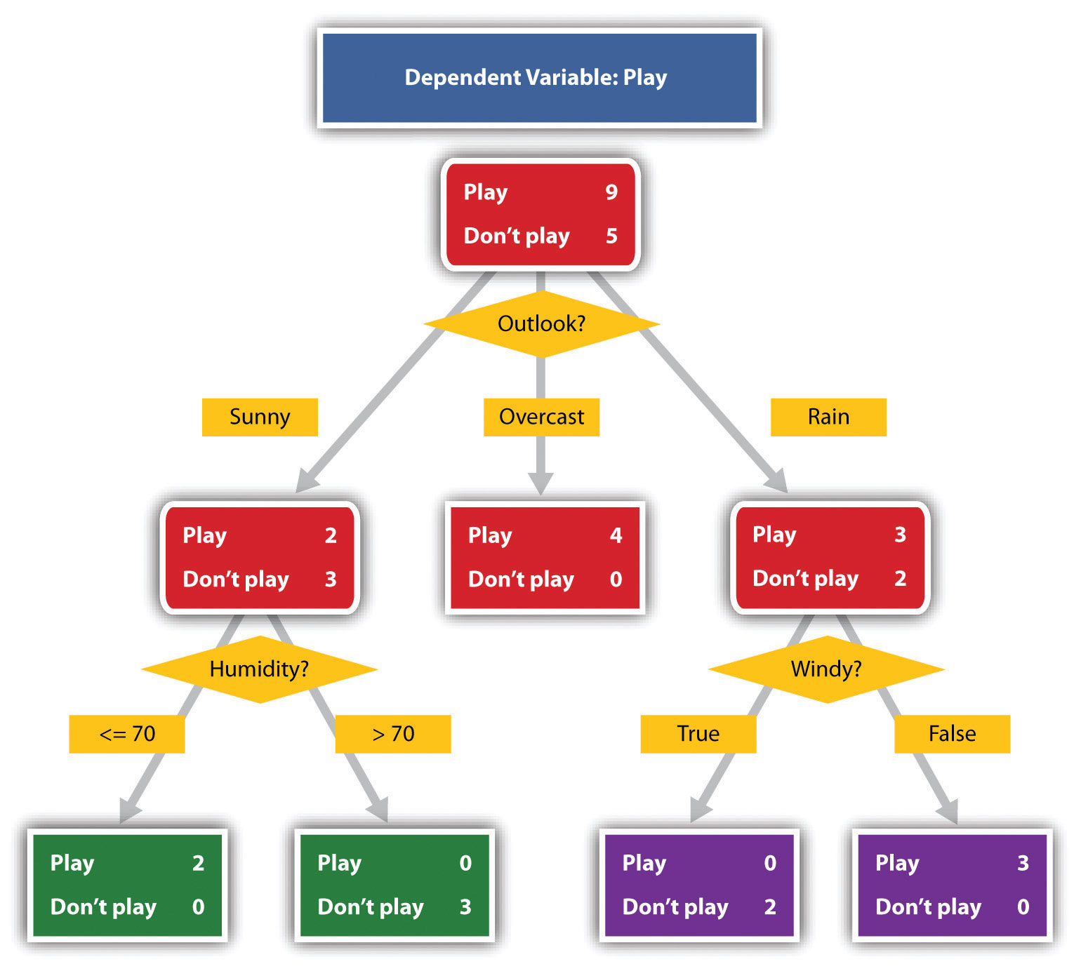A decision tree with the title: "Dependent Variable: Play" showing different decisions with different outcomes, labeled clearly.