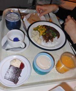 A patient's meal tray containing an entree, side dishes, dessert, and a serving of orange juice.