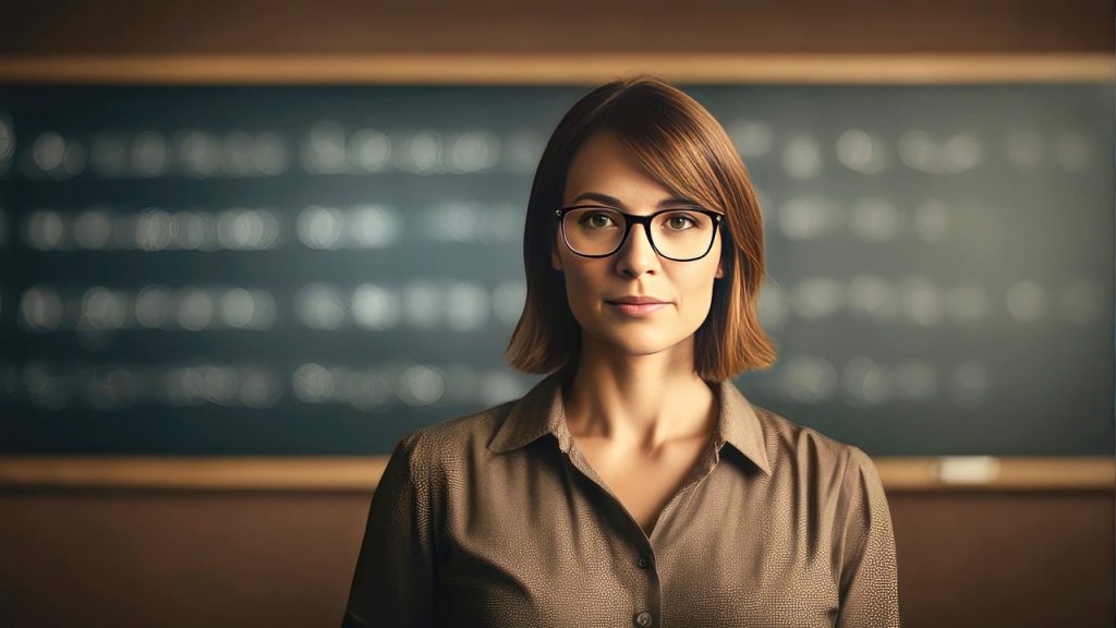 A female teacher with chin-length brown hair and glasses stands in front of a blackboard