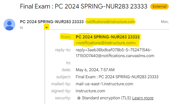 Screenshot of an example email from Canvas identifying the from address as notifications@instructure.com