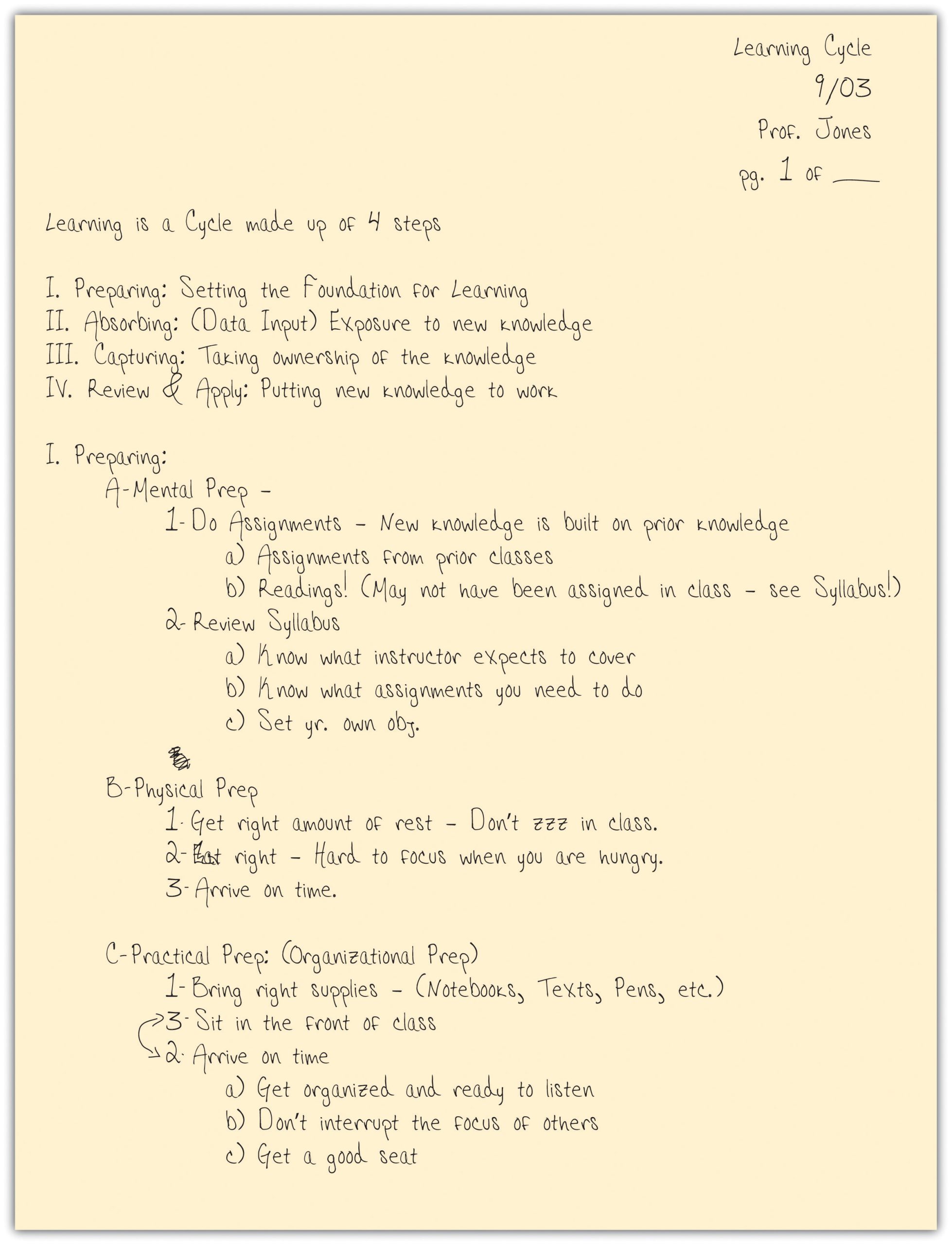 A page is labeled with the lecture topic, date, professor's name, and page number in the upper right corner. Following the topic heading, four subtopics are numbered. Then notes are taken with the subtopic number and heading, and subsections outlined beneath them in outline format.