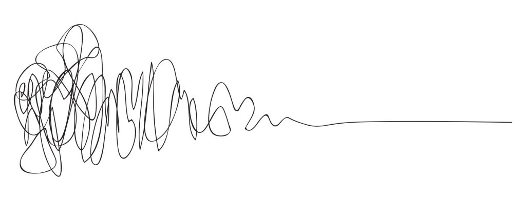 an illustration of what is known as the design squiggle, a line that starts very jumbled and confused and as it progresses from left to right it becomes straight