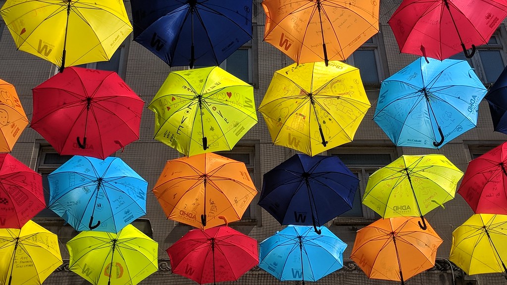 ADHD Umbrella Project with umbrellas in the sky
