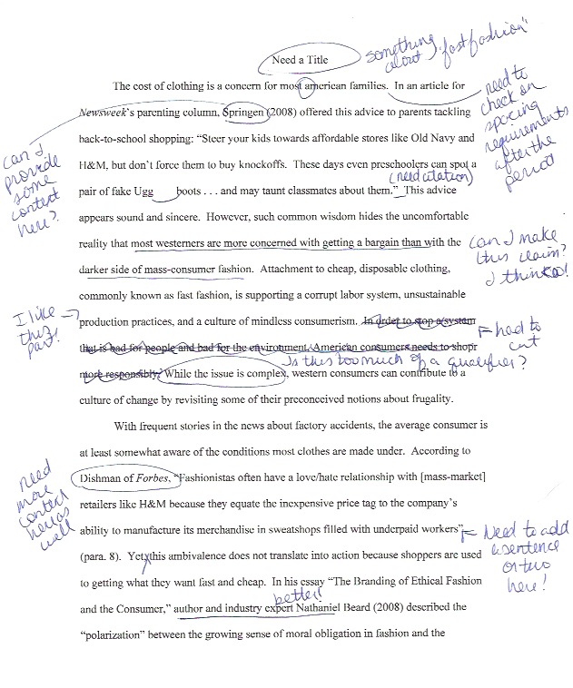 A rough draft of a document with handwritten student corrections.