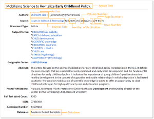 Close-up of a journal article title page from a database, highlighting the location of the title, publisher, and author.