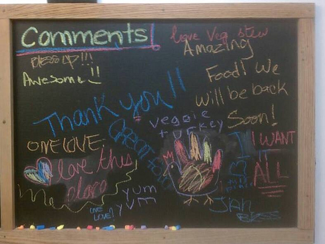 Chalkboard of happy customer restaurant feedback.